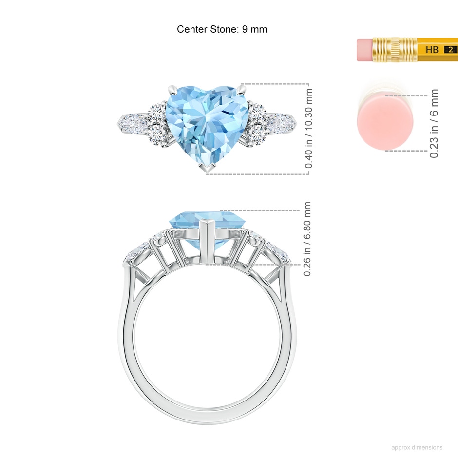 9mm AAAA Heart-Shaped Aquamarine Side Stone Engagement Ring with Diamonds in P950 Platinum ruler