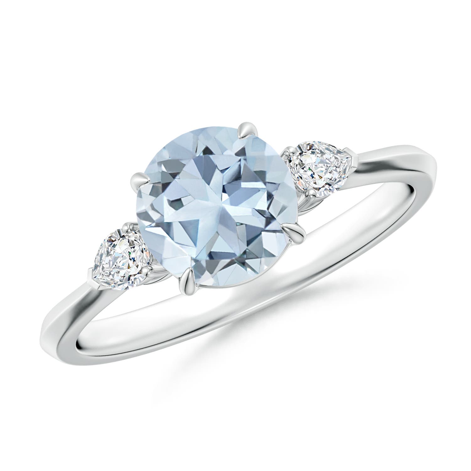 7mm A Round Aquamarine and Pear Diamond Three Stone Engagement Ring in P950 Platinum