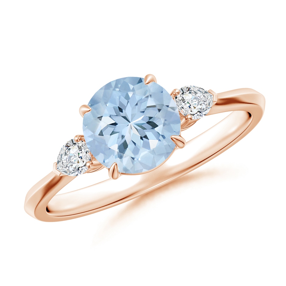 7mm AA Round Aquamarine and Pear Diamond Three Stone Engagement Ring in Rose Gold 