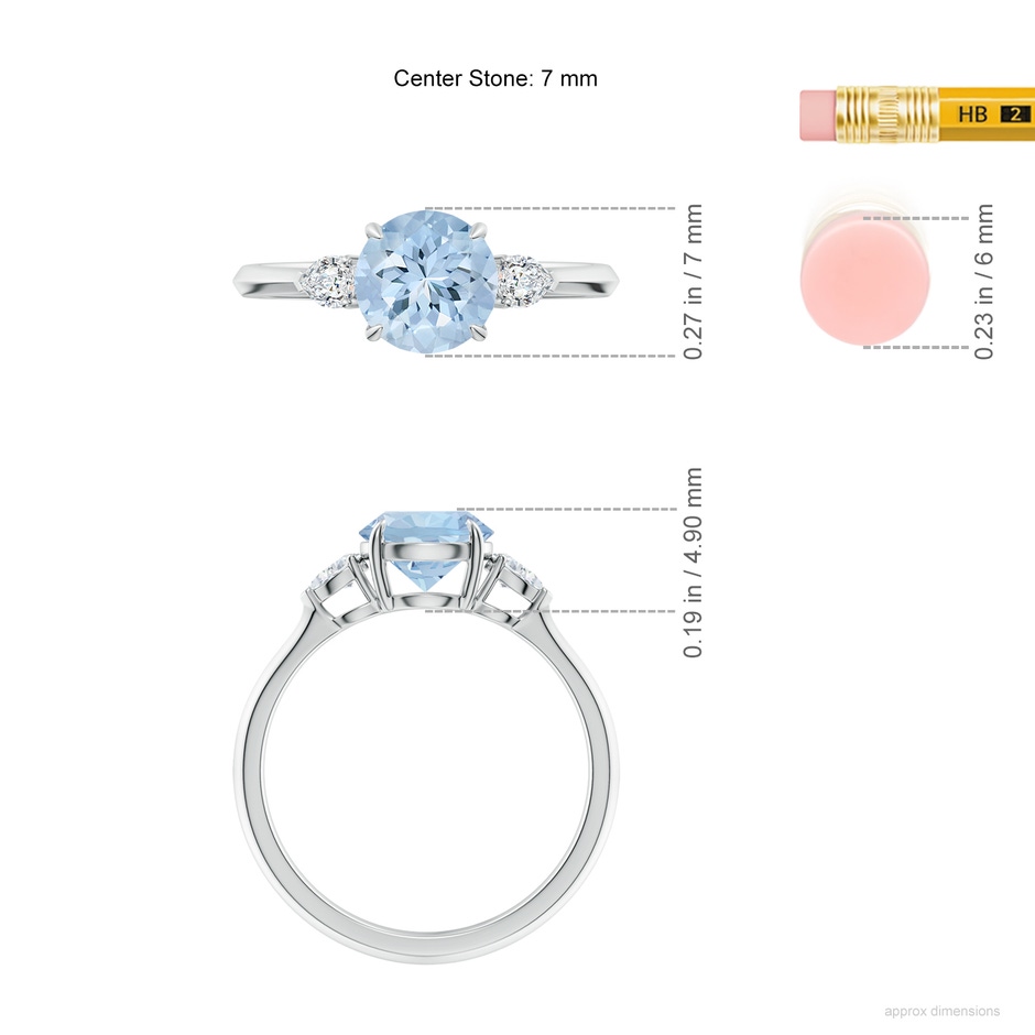 7mm AA Round Aquamarine and Pear Diamond Three Stone Engagement Ring in White Gold ruler