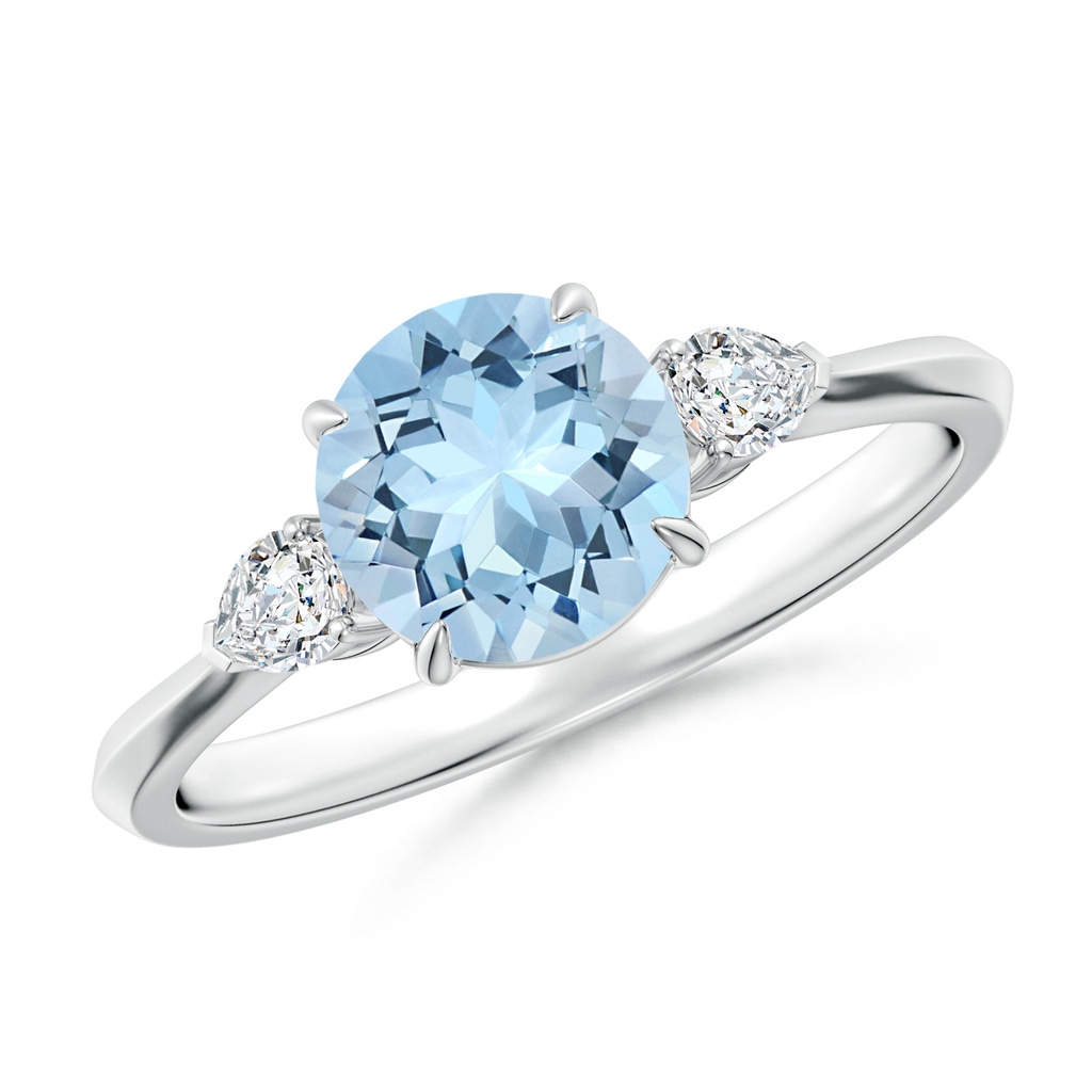 7mm AAA Round Aquamarine and Pear Diamond Three Stone Engagement Ring in White Gold