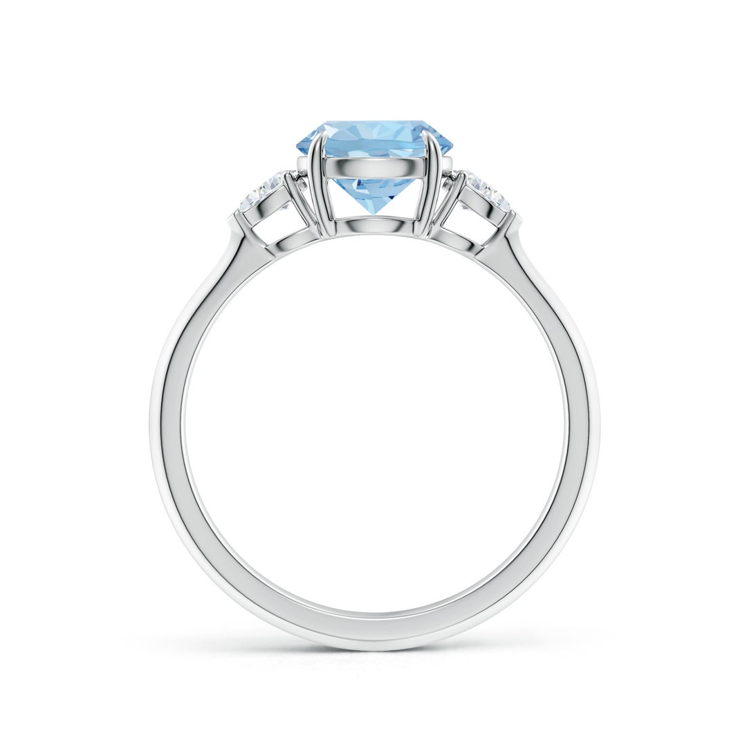 7mm AAA Round Aquamarine and Pear Diamond Three Stone Engagement Ring in White Gold - side 2