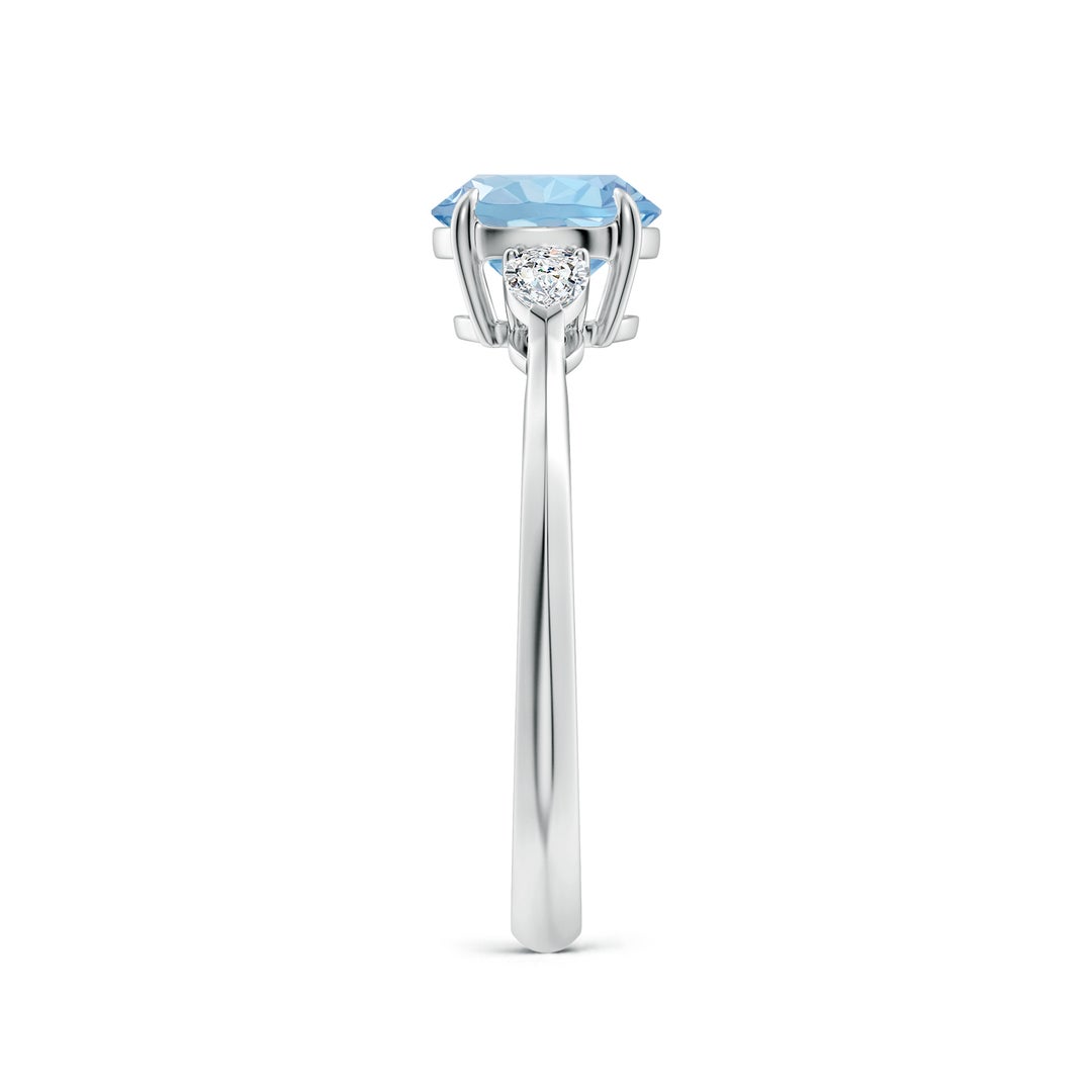 7mm AAA Round Aquamarine and Pear Diamond Three Stone Engagement Ring in White Gold - side 3