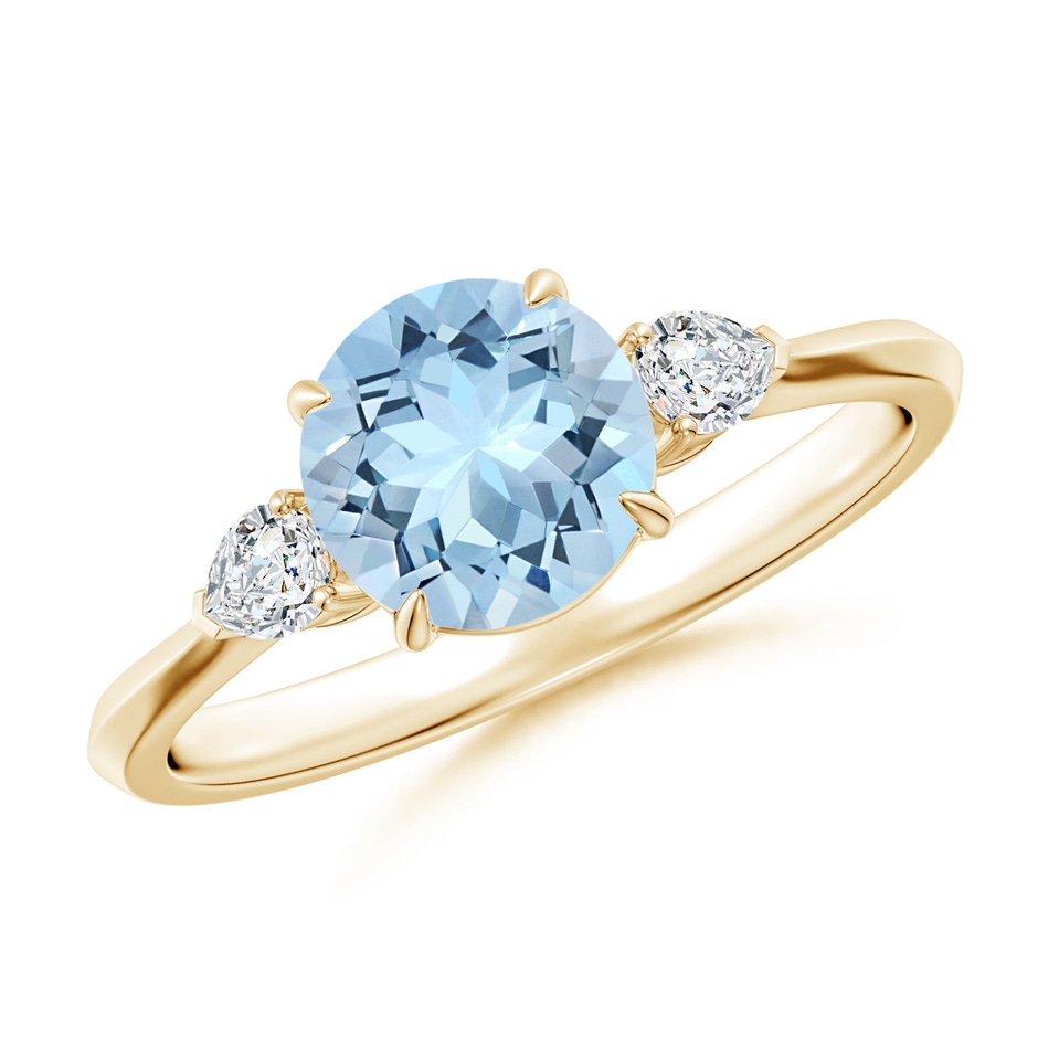 7mm AAA Round Aquamarine and Pear Diamond Three Stone Engagement Ring in Yellow Gold 