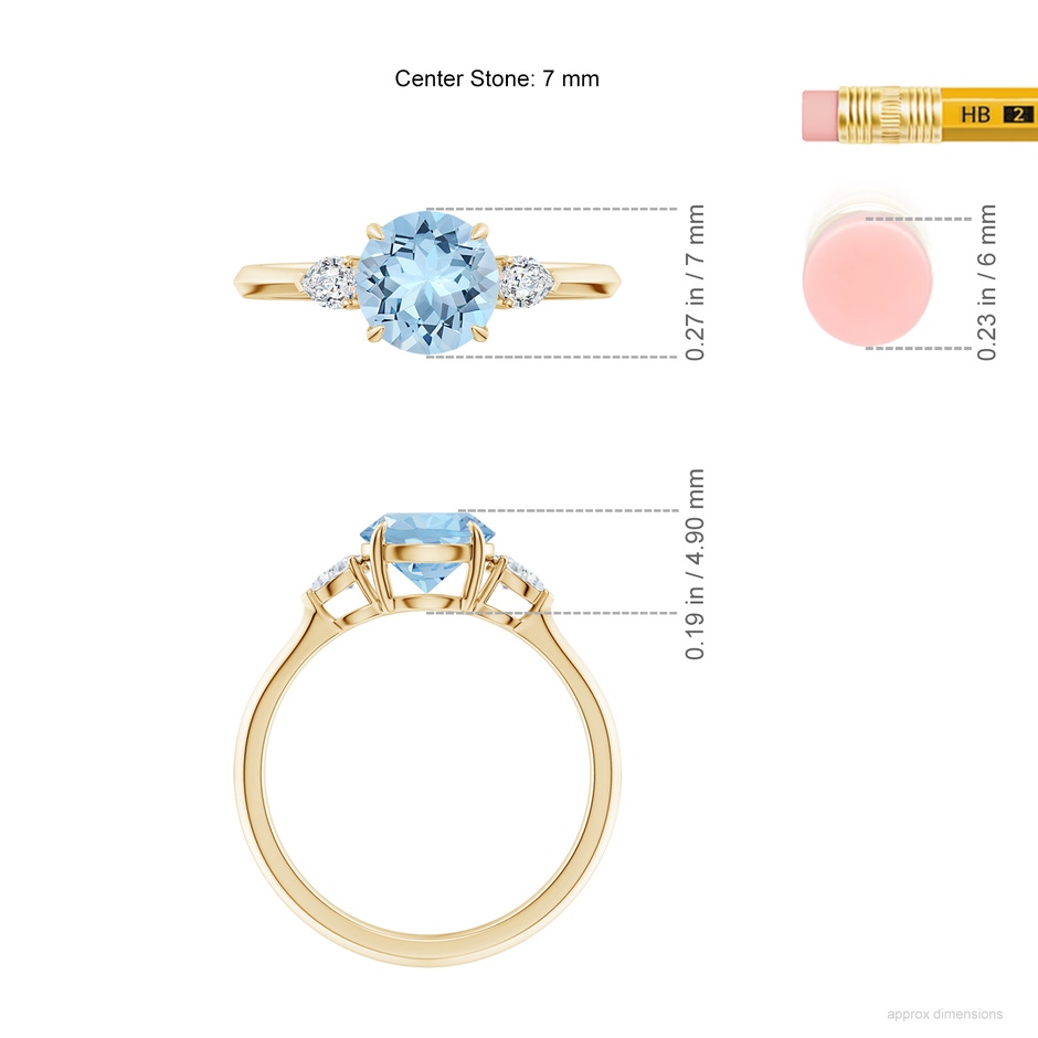 7mm AAA Round Aquamarine and Pear Diamond Three Stone Engagement Ring in Yellow Gold ruler