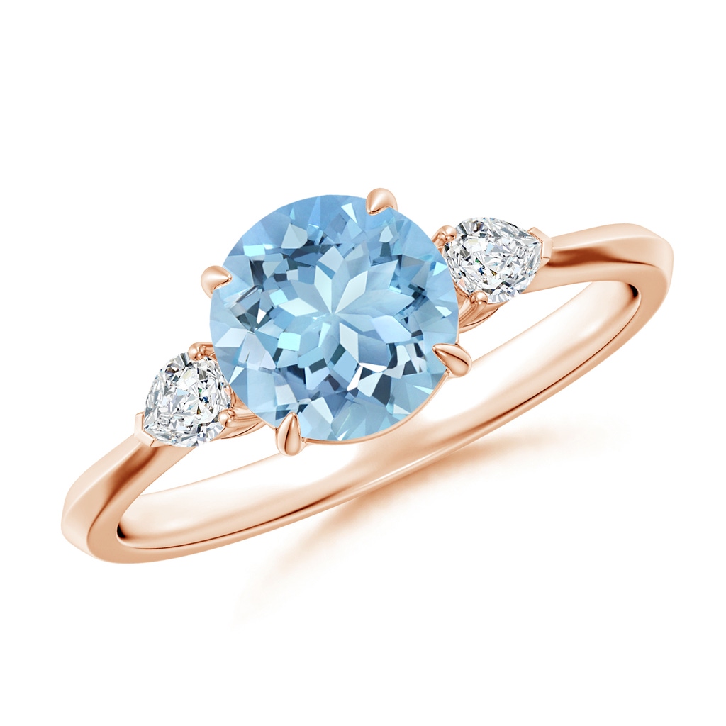 7mm AAAA Round Aquamarine and Pear Diamond Three Stone Engagement Ring in Rose Gold