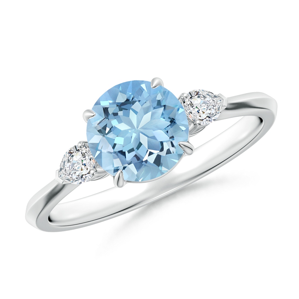 7mm AAAA Round Aquamarine and Pear Diamond Three Stone Engagement Ring in White Gold