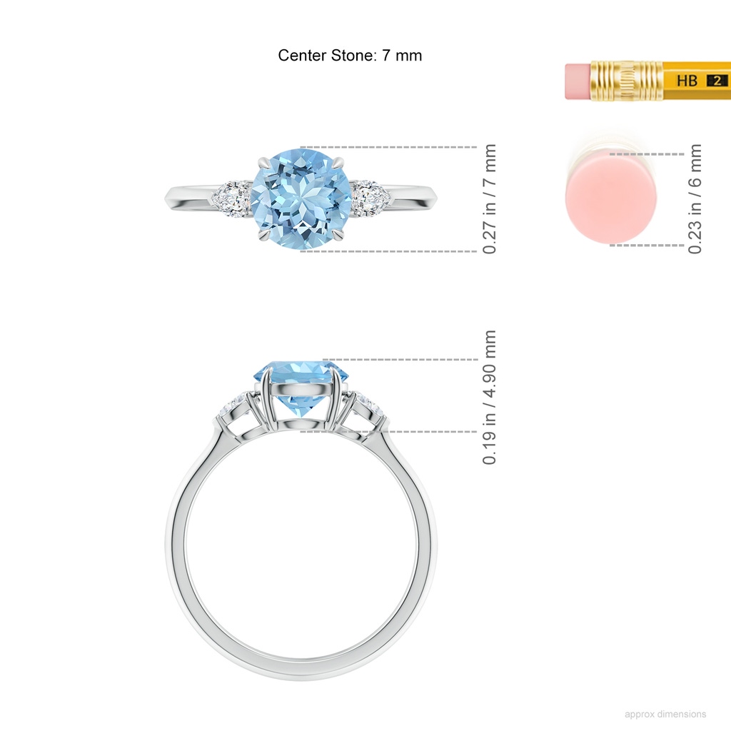 7mm AAAA Round Aquamarine and Pear Diamond Three Stone Engagement Ring in White Gold ruler