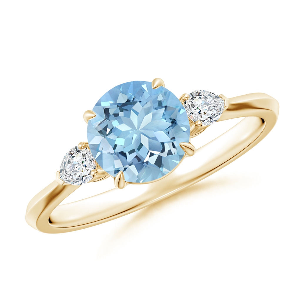 7mm AAAA Round Aquamarine and Pear Diamond Three Stone Engagement Ring in Yellow Gold