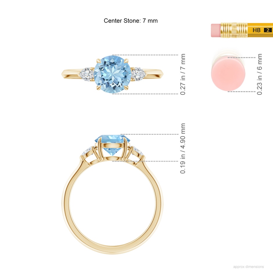 7mm AAAA Round Aquamarine and Pear Diamond Three Stone Engagement Ring in Yellow Gold ruler