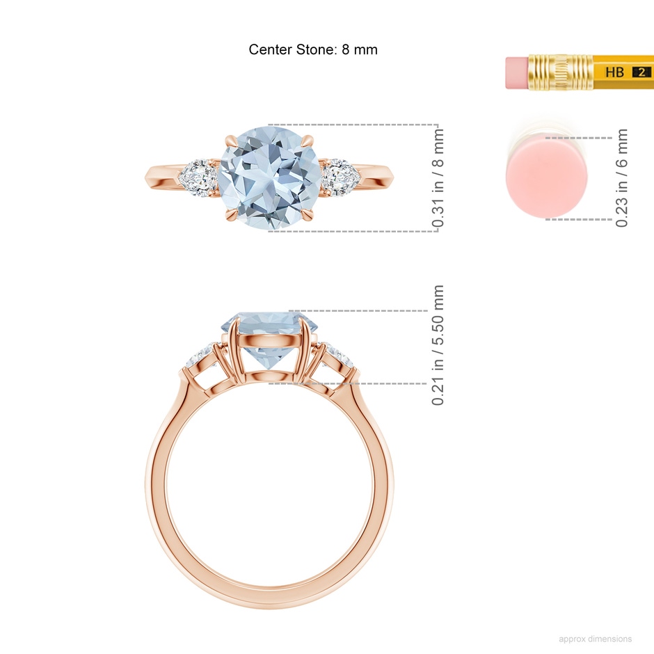 8mm A Round Aquamarine and Pear Diamond Three Stone Engagement Ring in Rose Gold ruler