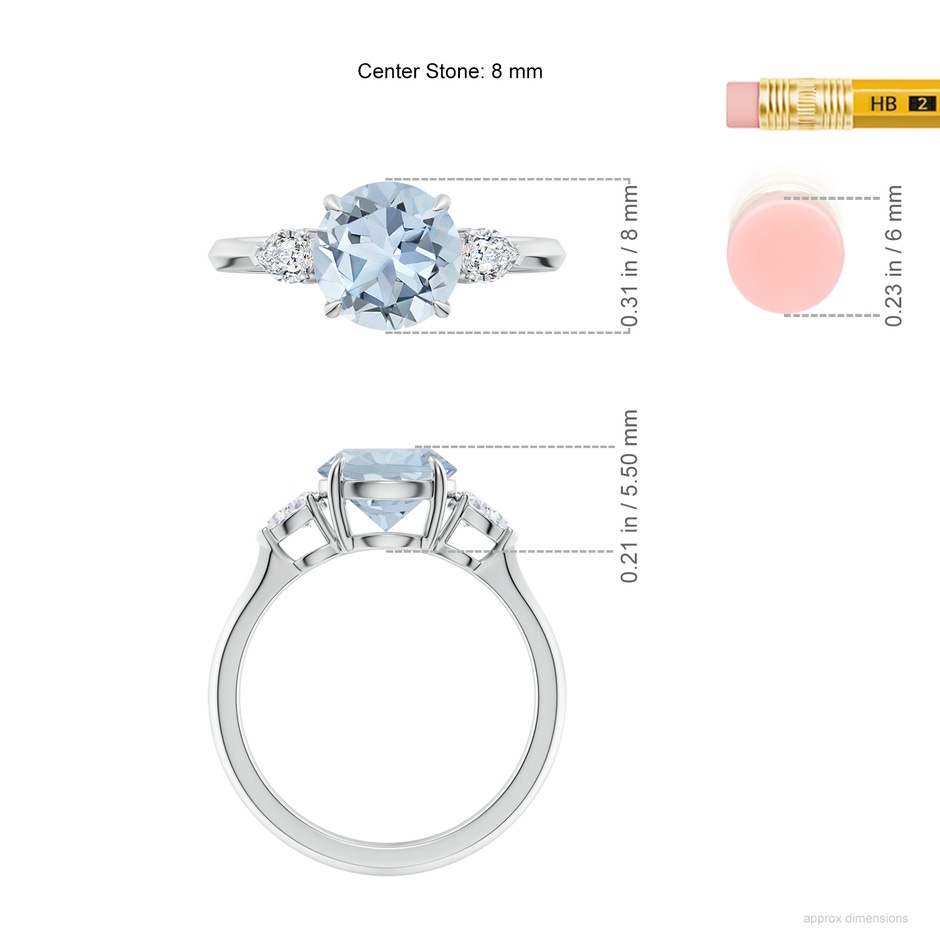 8mm A Round Aquamarine and Pear Diamond Three Stone Engagement Ring in White Gold ruler