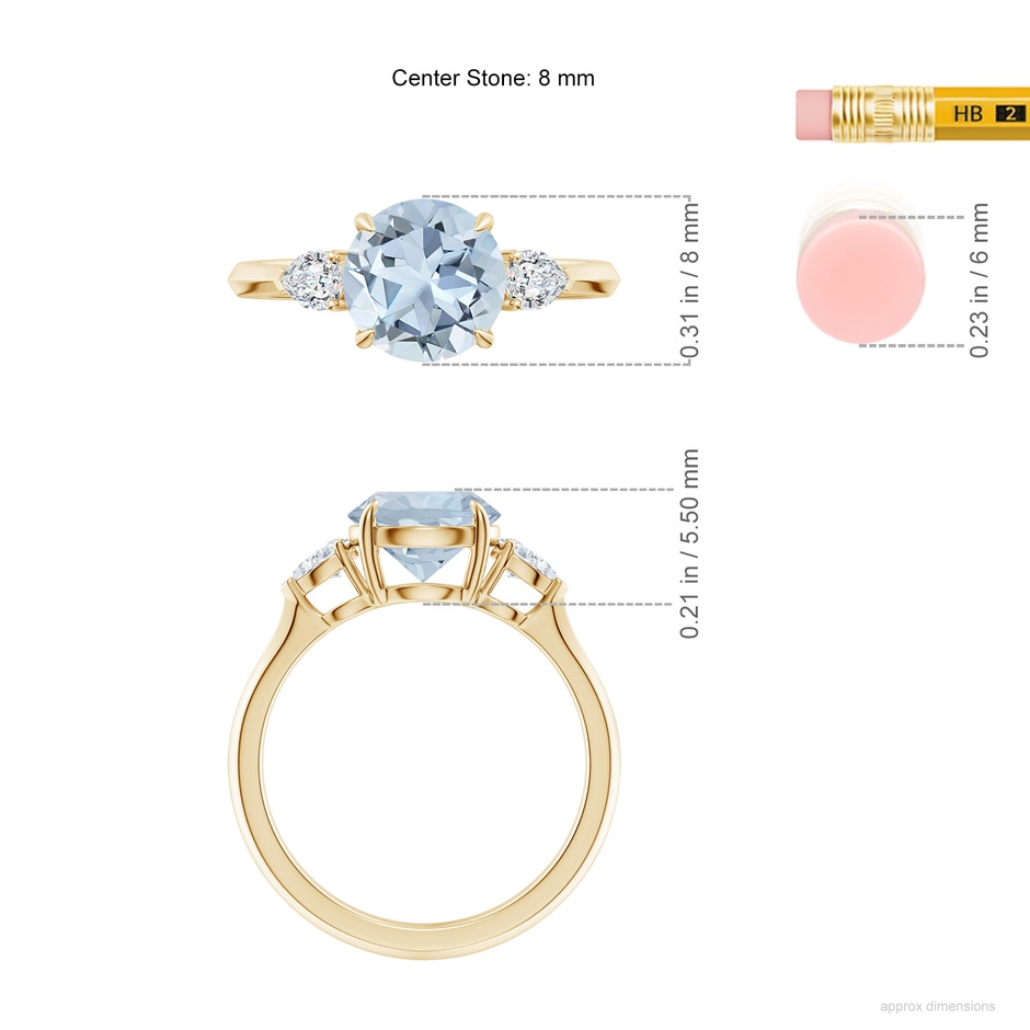 8mm A Round Aquamarine and Pear Diamond Three Stone Engagement Ring in Yellow Gold ruler