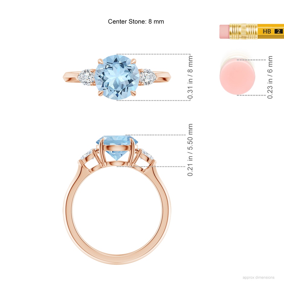 8mm AAA Round Aquamarine and Pear Diamond Three Stone Engagement Ring in Rose Gold ruler