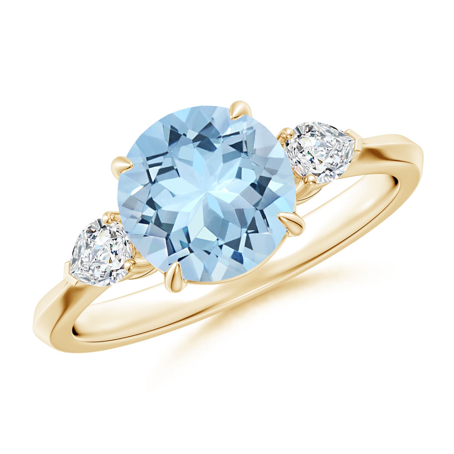 8mm AAA Round Aquamarine and Pear Diamond Three Stone Engagement Ring in Yellow Gold