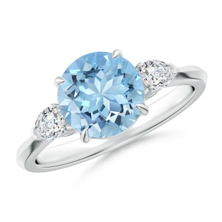 8mm AAAA Round Aquamarine and Pear Diamond Three Stone Engagement Ring in P950 Platinum