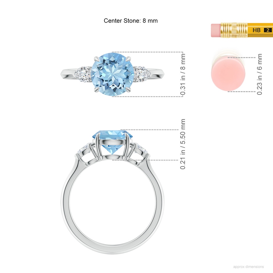 8mm AAAA Round Aquamarine and Pear Diamond Three Stone Engagement Ring in P950 Platinum ruler