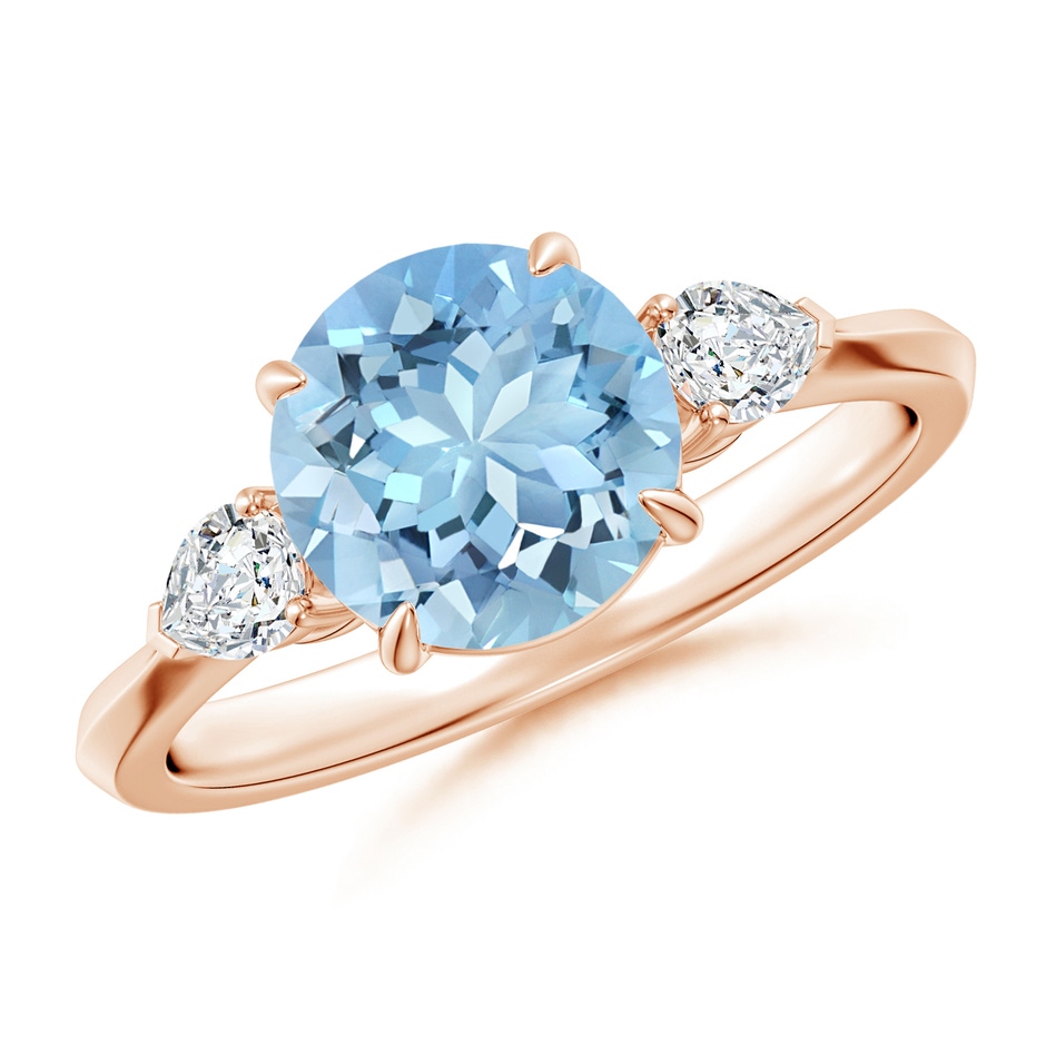 8mm AAAA Round Aquamarine and Pear Diamond Three Stone Engagement Ring in Rose Gold 