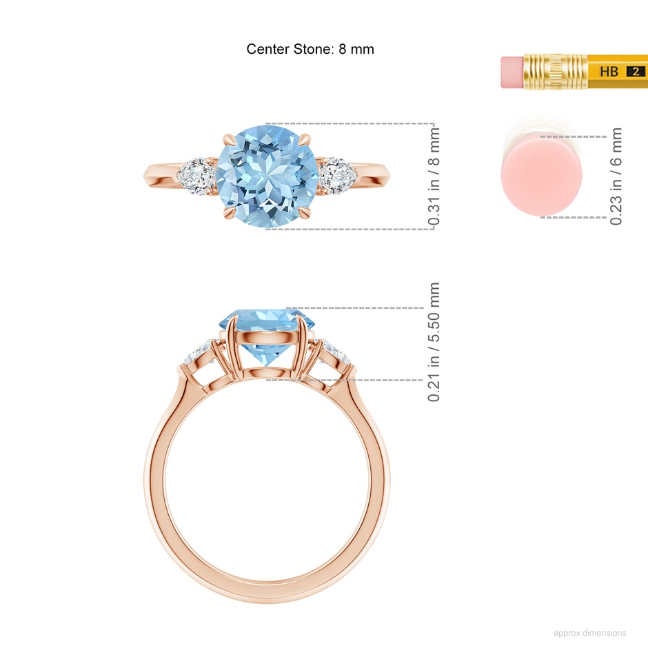 8mm AAAA Round Aquamarine and Pear Diamond Three Stone Engagement Ring in Rose Gold ruler