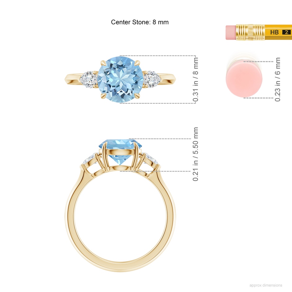 8mm AAAA Round Aquamarine and Pear Diamond Three Stone Engagement Ring in Yellow Gold ruler