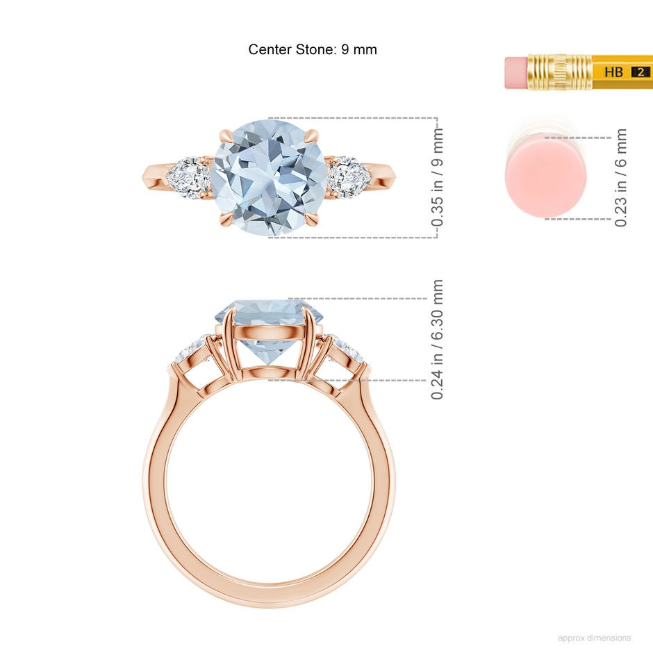 9mm A Round Aquamarine and Pear Diamond Three Stone Engagement Ring in Rose Gold ruler