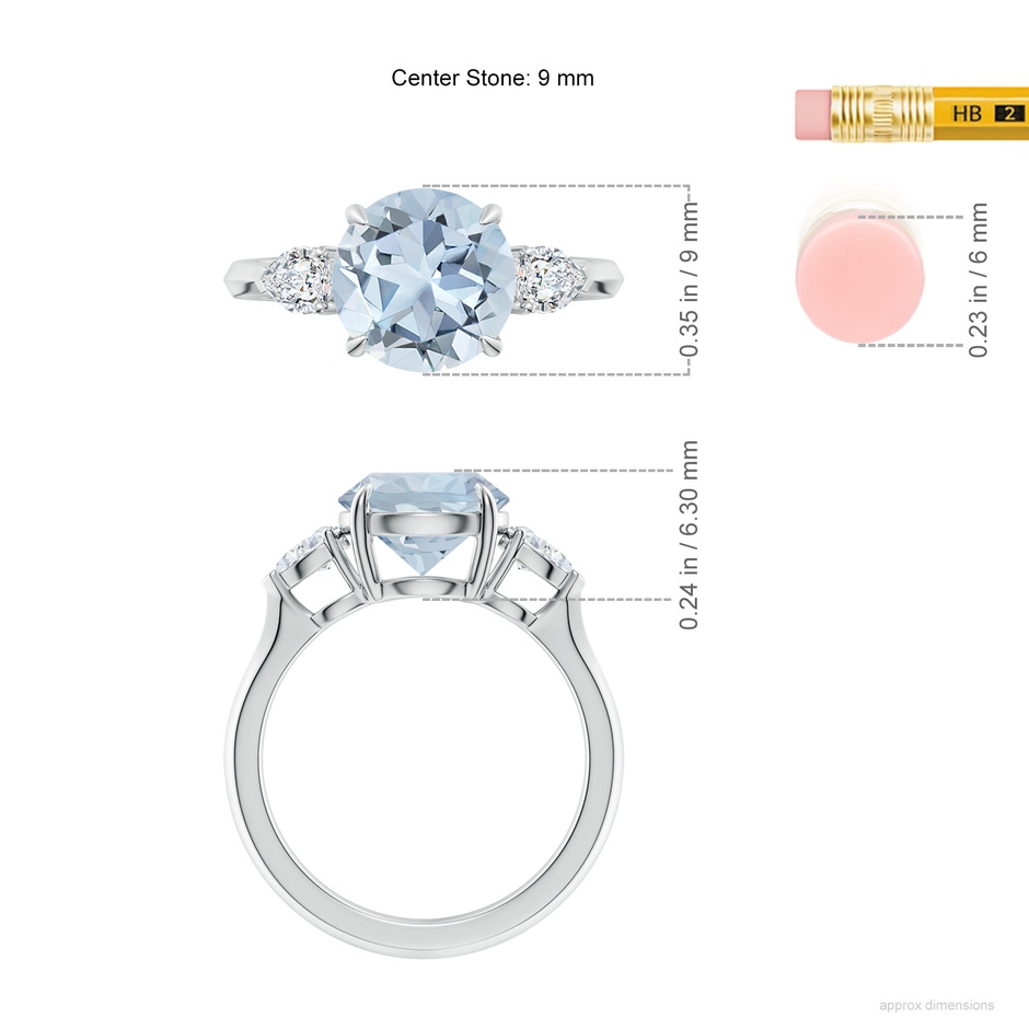 9mm A Round Aquamarine and Pear Diamond Three Stone Engagement Ring in White Gold ruler
