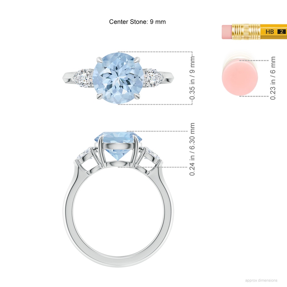 9mm AA Round Aquamarine and Pear Diamond Three Stone Engagement Ring in White Gold ruler