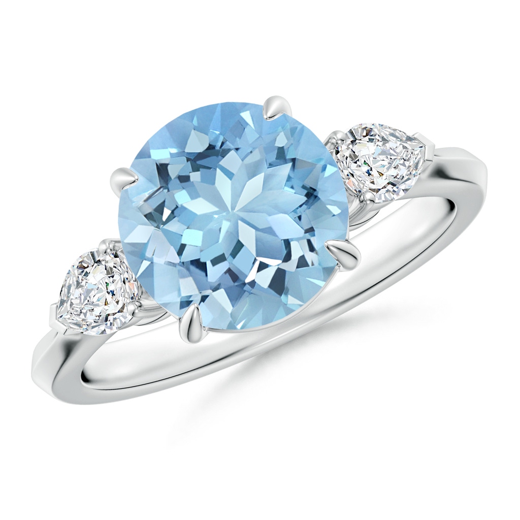 9mm AAAA Round Aquamarine and Pear Diamond Three Stone Engagement Ring in P950 Platinum