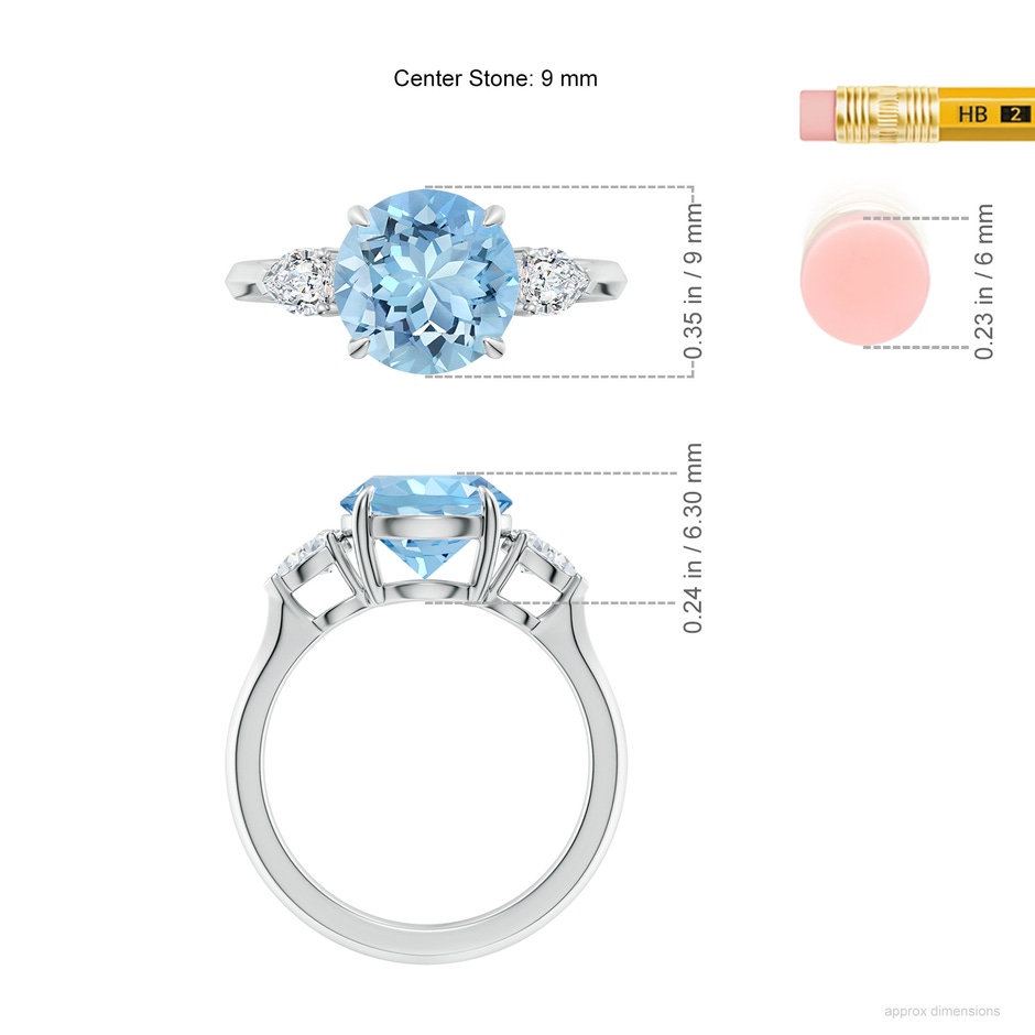 9mm AAAA Round Aquamarine and Pear Diamond Three Stone Engagement Ring in P950 Platinum ruler