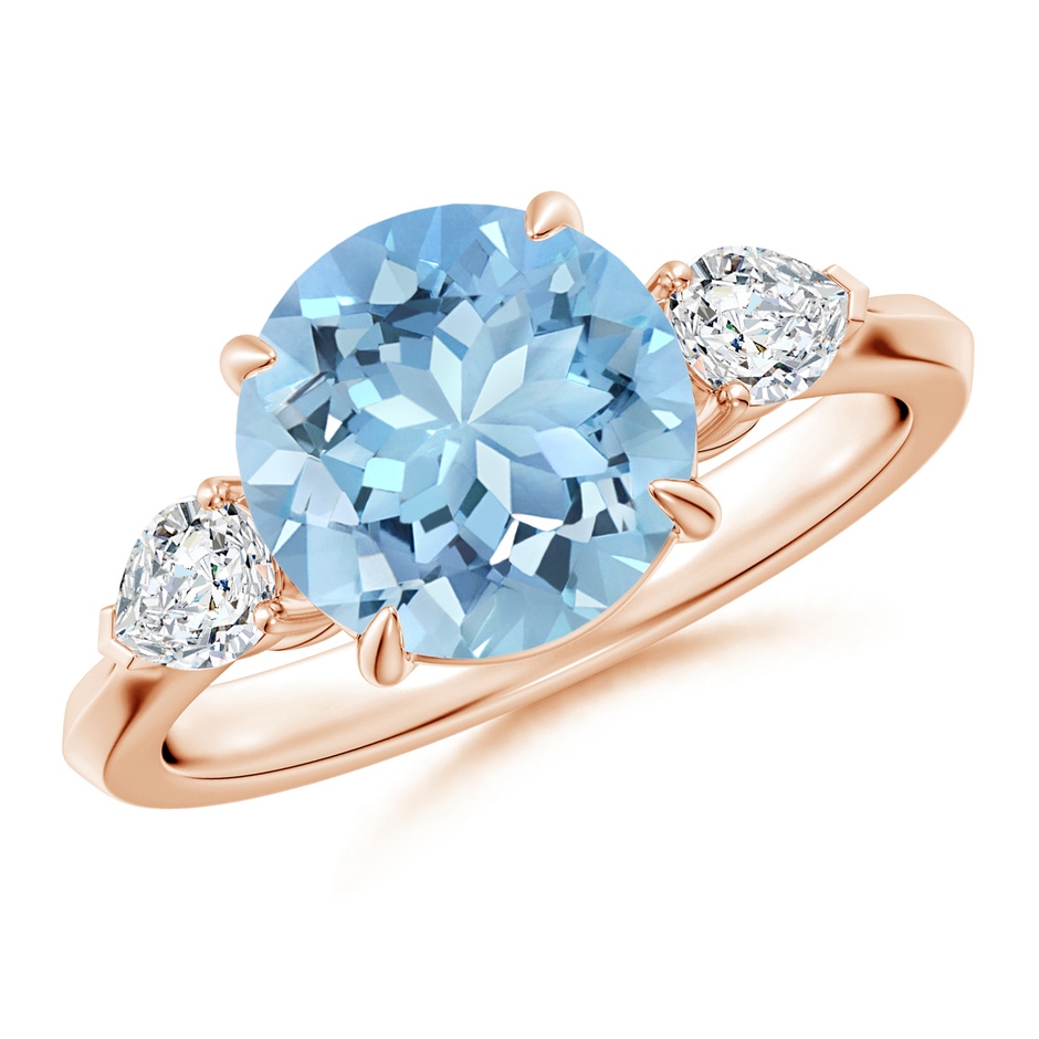 9mm AAAA Round Aquamarine and Pear Diamond Three Stone Engagement Ring in Rose Gold 