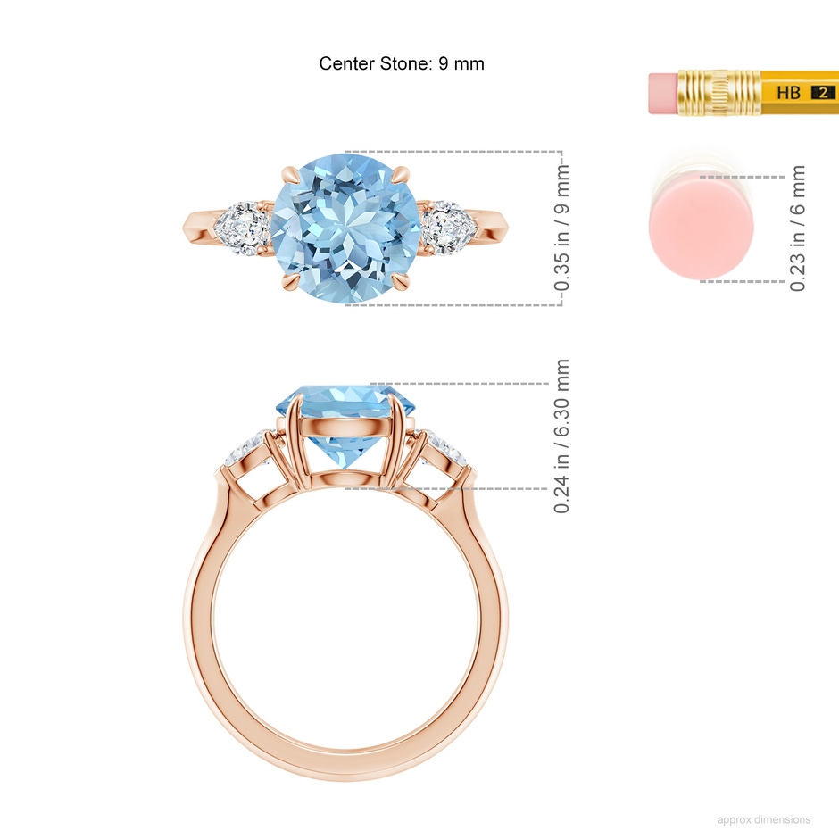 9mm AAAA Round Aquamarine and Pear Diamond Three Stone Engagement Ring in Rose Gold ruler