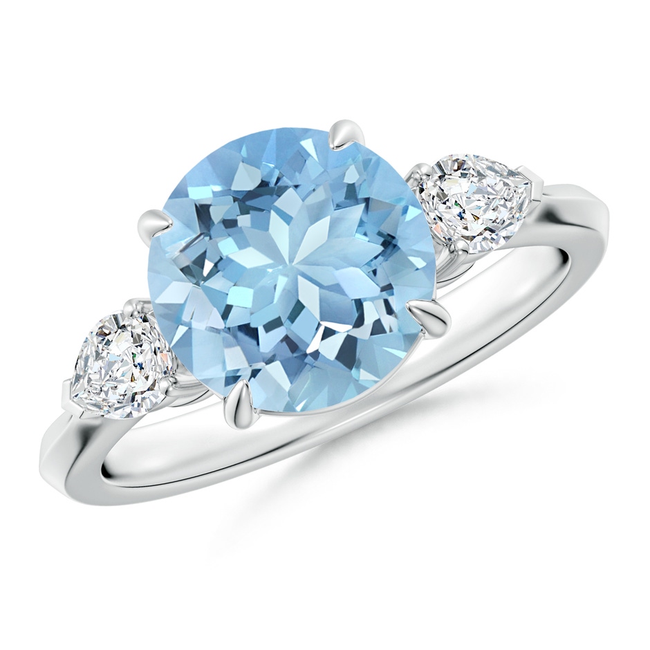 9mm AAAA Round Aquamarine and Pear Diamond Three Stone Engagement Ring in S999 Silver 