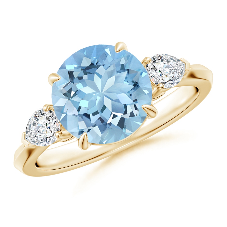 9mm AAAA Round Aquamarine and Pear Diamond Three Stone Engagement Ring in Yellow Gold 