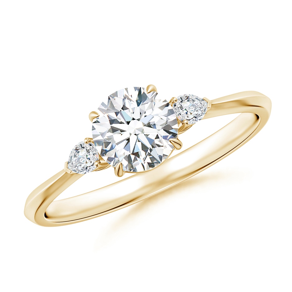 5.9mm GVS2 Round and Pear Diamond Three Stone Engagement Ring in Yellow Gold 