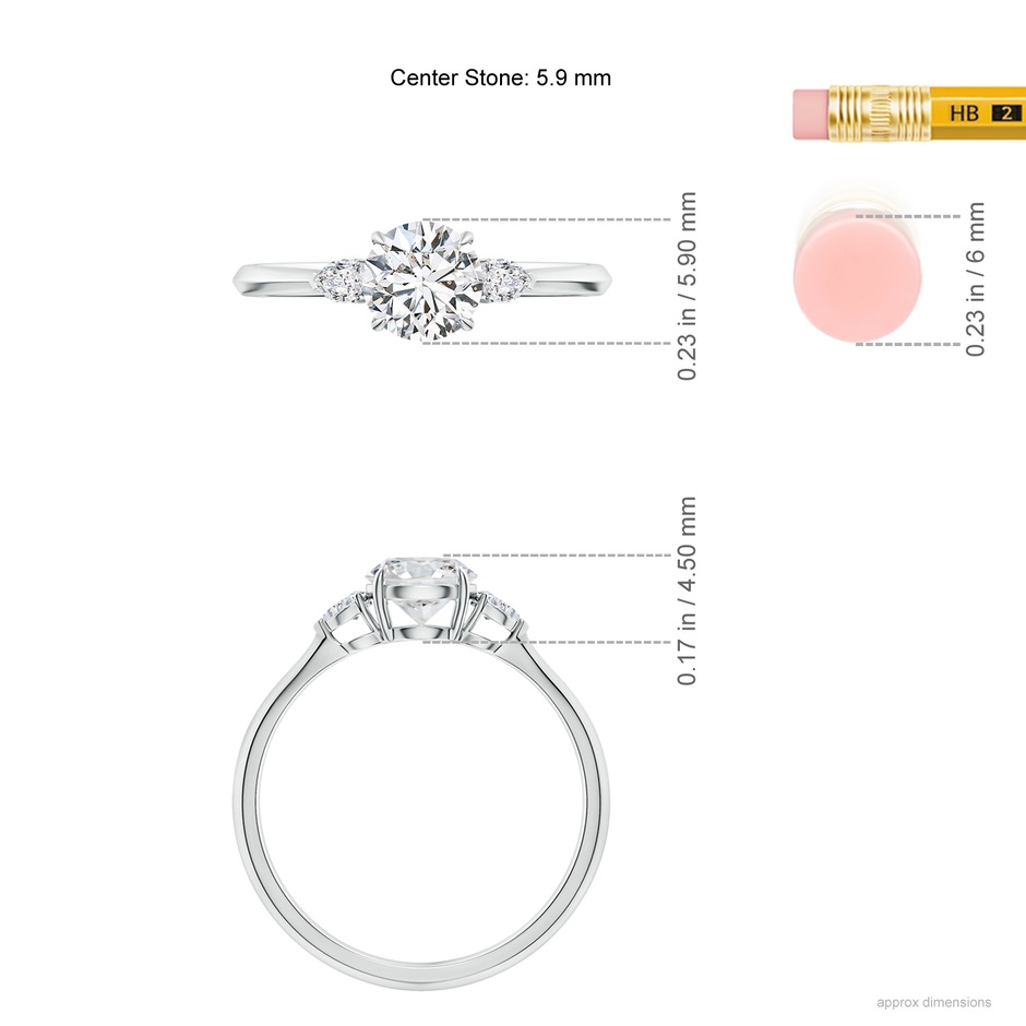 5.9mm HSI2 Round and Pear Diamond Three Stone Engagement Ring in 18K White Gold ruler