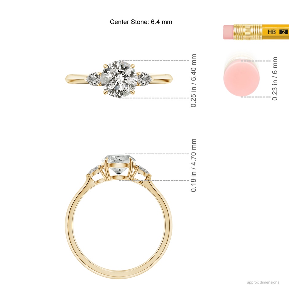 6.4mm KI3 Round and Pear Diamond Three Stone Engagement Ring in Yellow Gold ruler