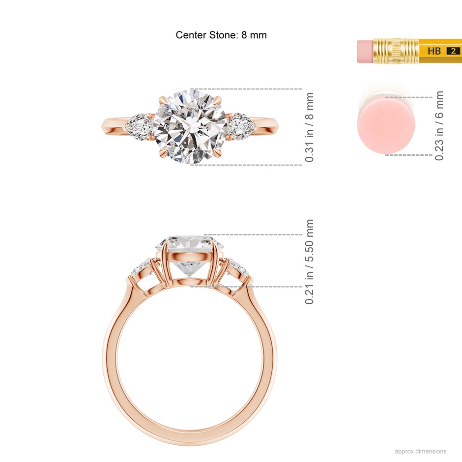8mm IJI1I2 Round and Pear Diamond Three Stone Engagement Ring in Rose Gold ruler