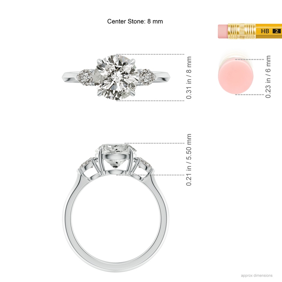 8mm KI3 Round and Pear Diamond Three Stone Engagement Ring in White Gold ruler