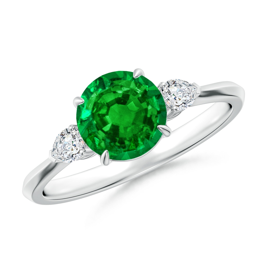 7mm AAAA Round Emerald and Pear Diamond Three Stone Engagement Ring in P950 Platinum