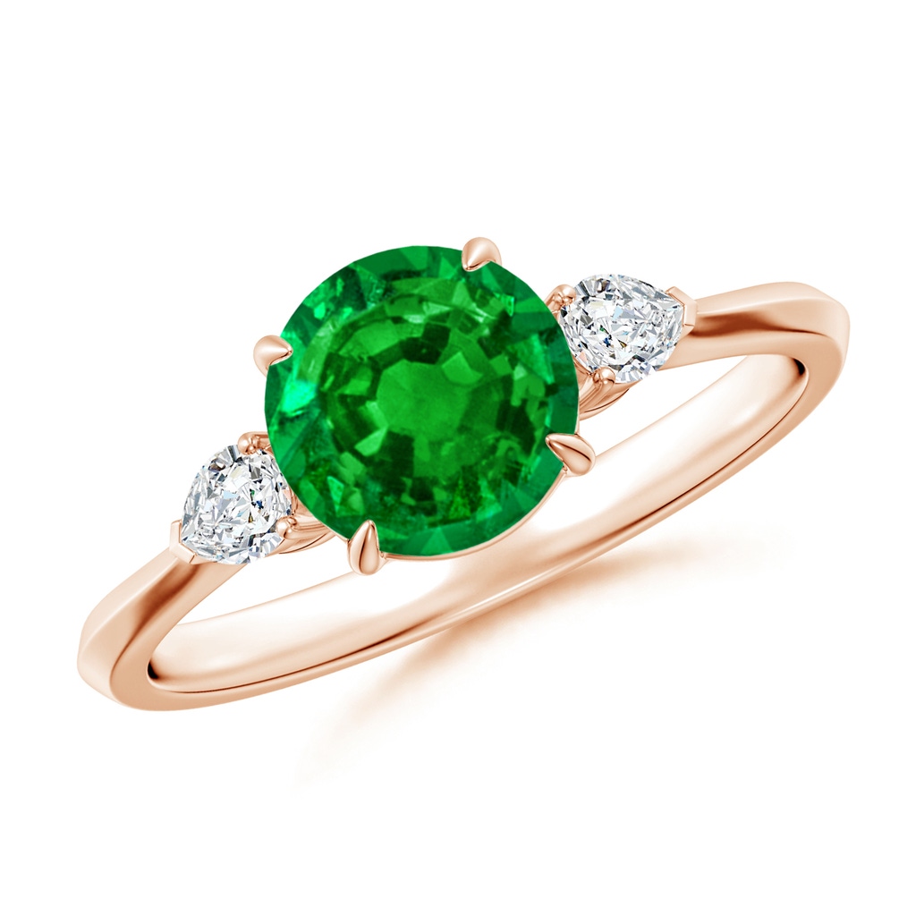 7mm AAAA Round Emerald and Pear Diamond Three Stone Engagement Ring in Rose Gold