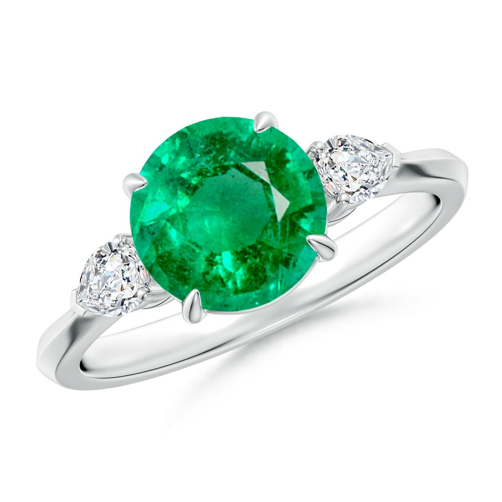 8mm AAA Round Emerald and Pear Diamond Three Stone Engagement Ring in White Gold
