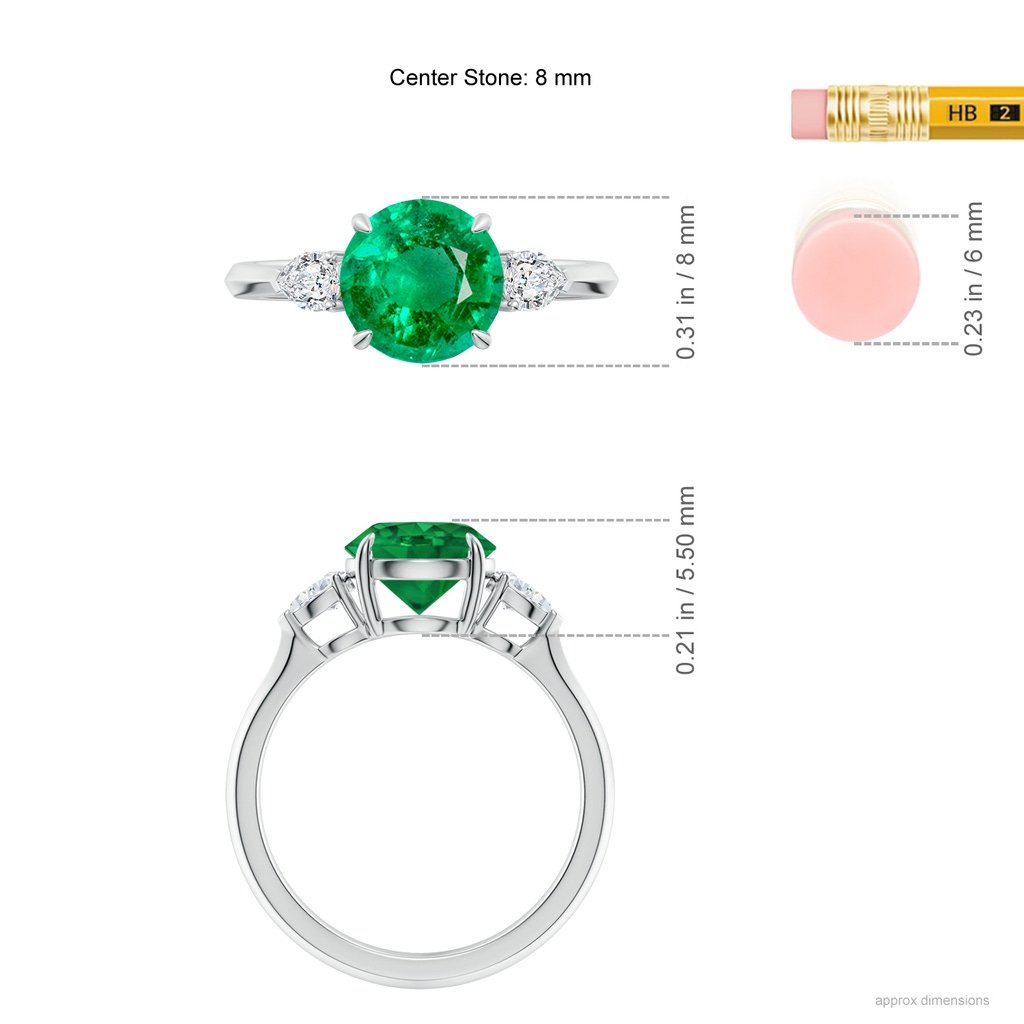 8mm AAA Round Emerald and Pear Diamond Three Stone Engagement Ring in White Gold ruler