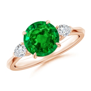 8mm AAAA Round Emerald and Pear Diamond Three Stone Engagement Ring in 9K Rose Gold