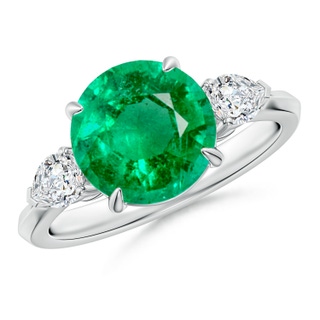 9mm AAA Round Emerald and Pear Diamond Three Stone Engagement Ring in P950 Platinum