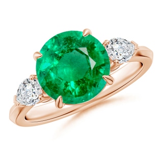 9mm AAA Round Emerald and Pear Diamond Three Stone Engagement Ring in Rose Gold