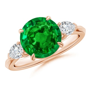 9mm AAAA Round Emerald and Pear Diamond Three Stone Engagement Ring in Rose Gold