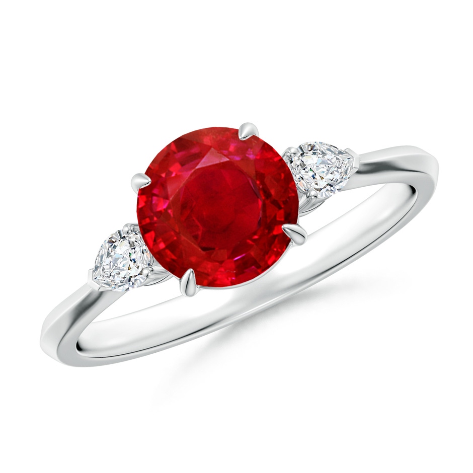 7mm AAA Round Ruby and Pear Diamond Three Stone Engagement Ring in White Gold 