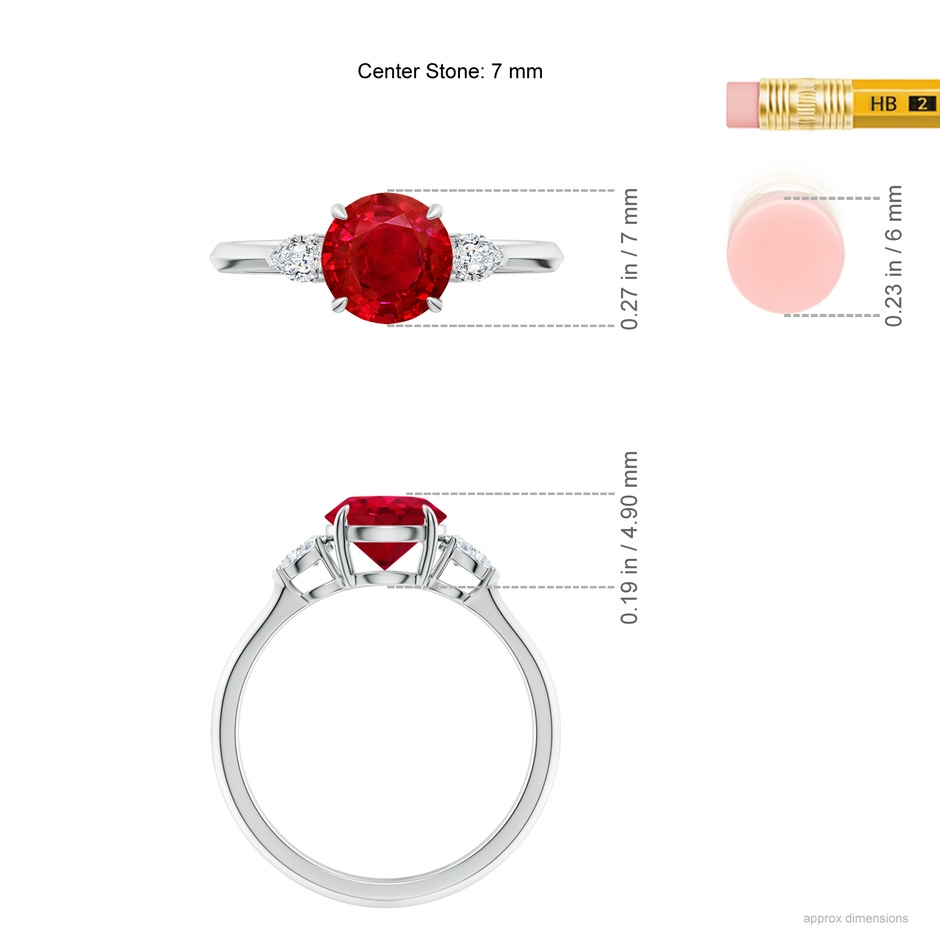 7mm AAA Round Ruby and Pear Diamond Three Stone Engagement Ring in White Gold ruler