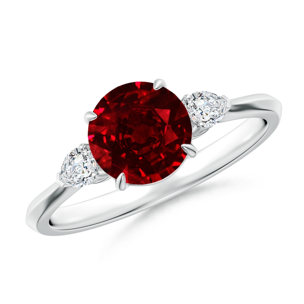 7mm AAAA Round Ruby and Pear Diamond Three Stone Engagement Ring in P950 Platinum