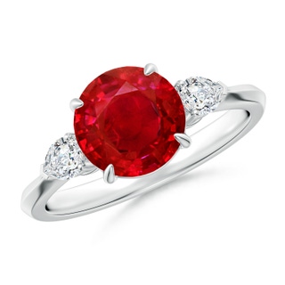 8mm AAA Round Ruby and Pear Diamond Three Stone Engagement Ring in P950 Platinum